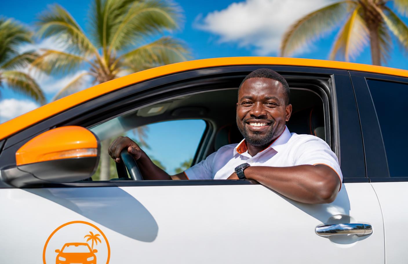 A proud smiling African driver leaning out of a clean orange and white VOYA car on a sunny day