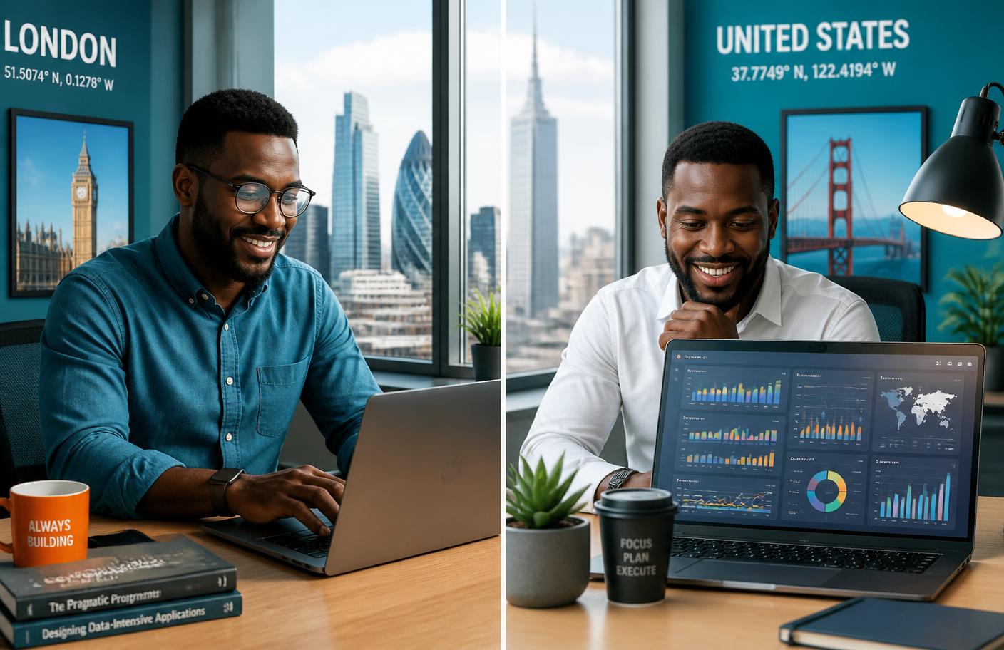 Split image of two founders working — one developing software in London, one analysing data dashboards in the United States