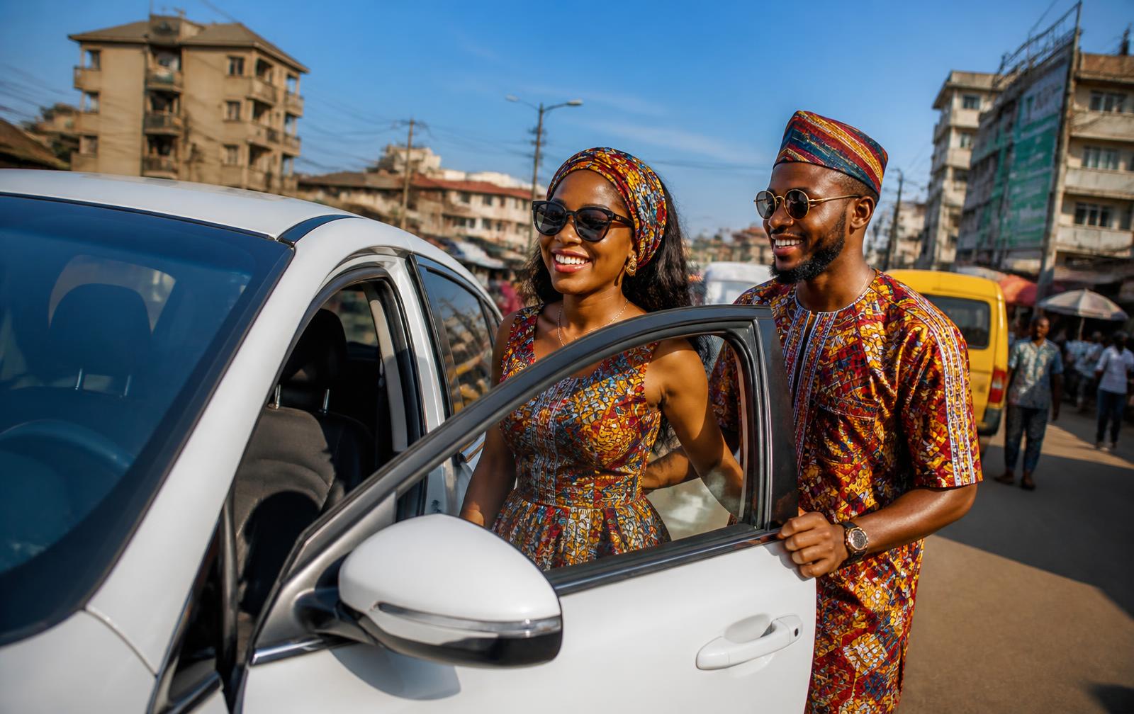 Two smiling riders in colourful African print clothing stepping into a clean white VOYA car on a sunny Lagos street