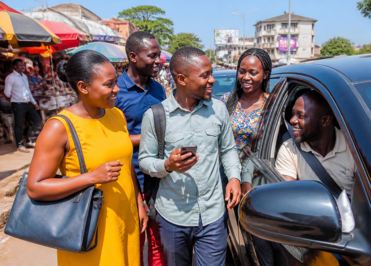 A group of smiling commuters talking with a driver through a car window in a colourful African market street