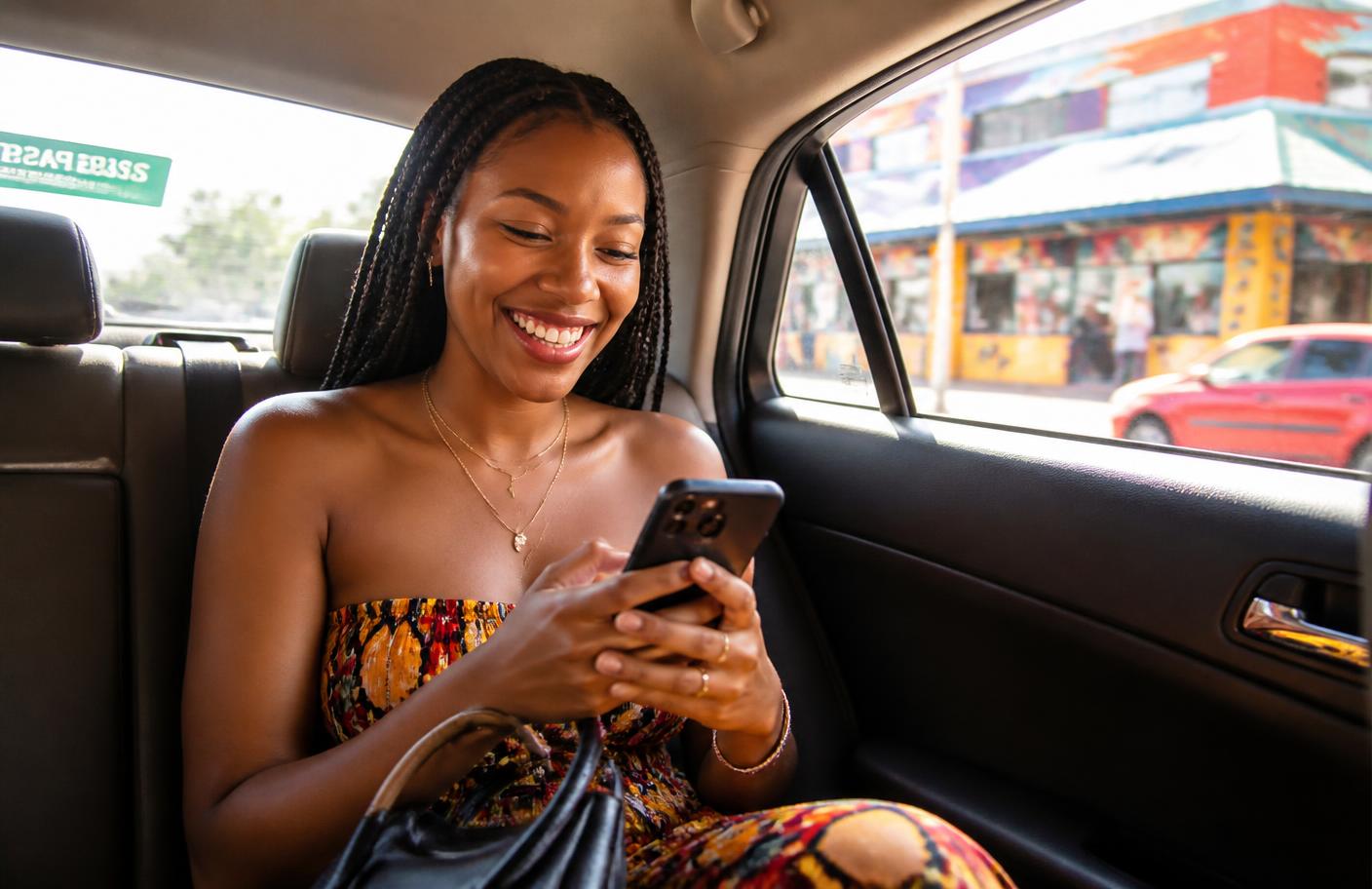 A happy young African woman smiling at her phone in the back seat of a car as a colourful city passes by