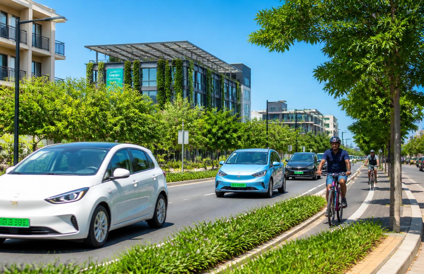 A bright green city street with trees, electric cars and cyclists under a clear blue sky