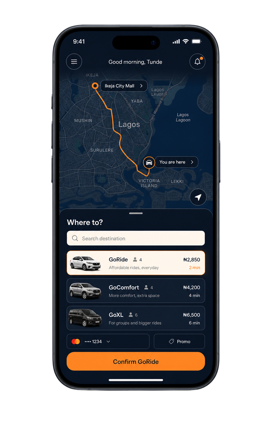 VOYA app home screen on a smartphone showing the Lagos map and ride options