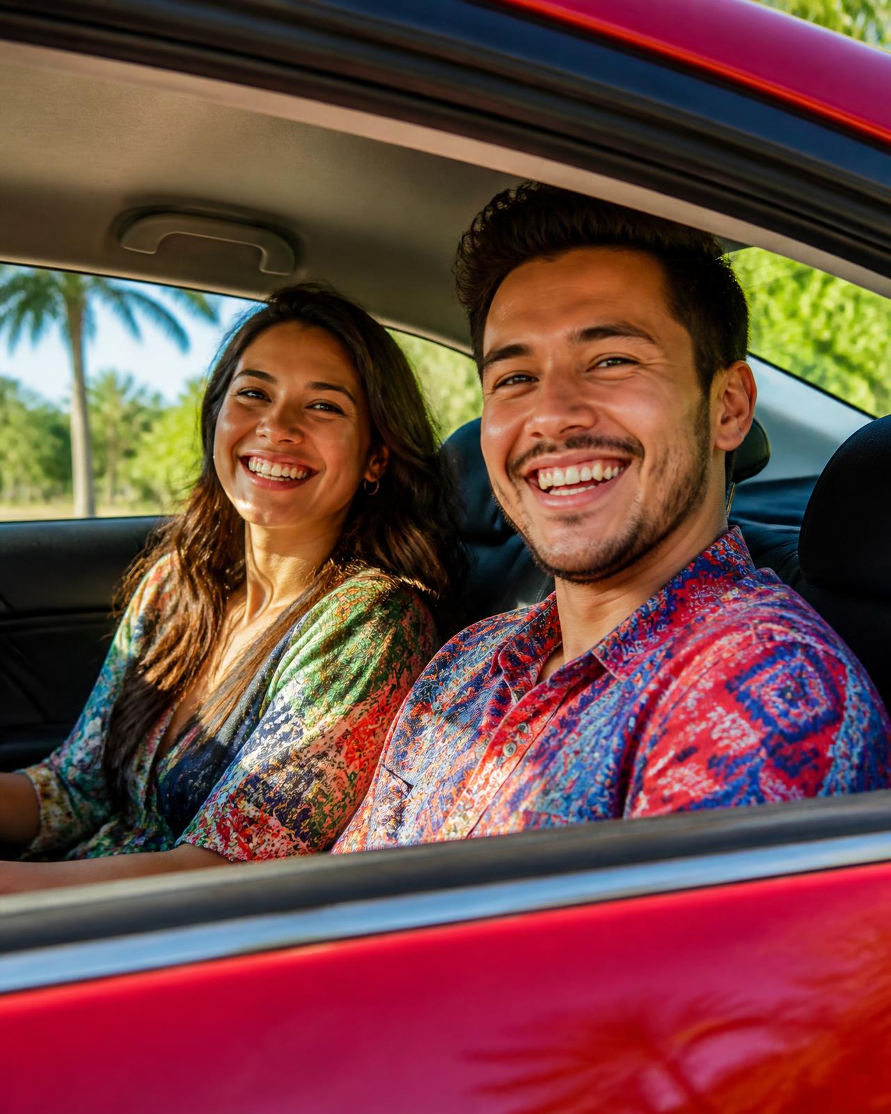 Two happy passengers laughing in the back seat of a VOYA ride with sunshine streaming through the window