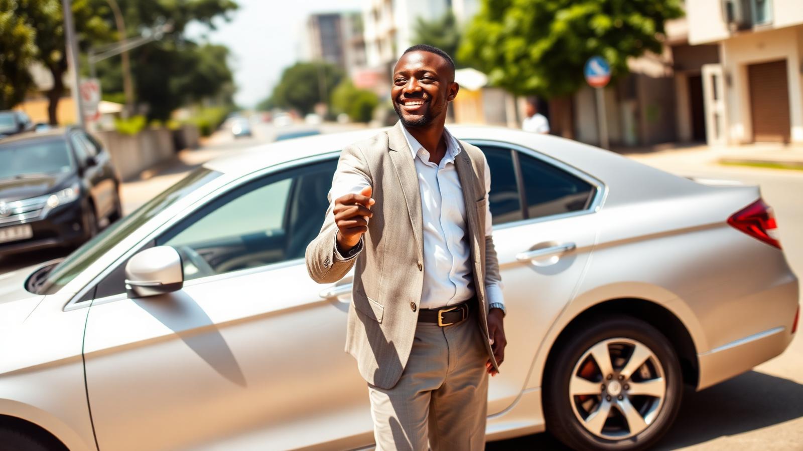 Lagos driver standing proudly beside his car