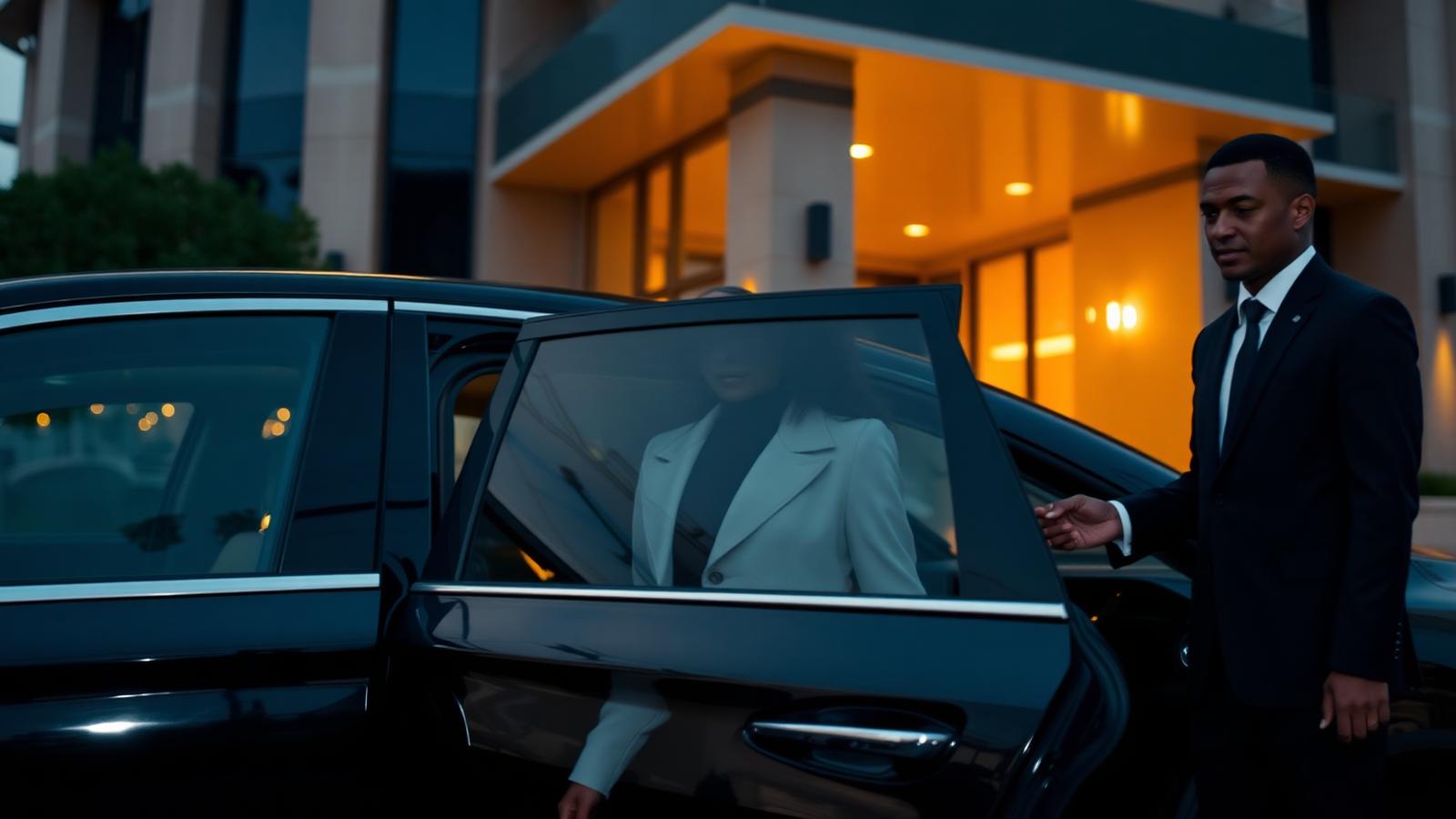 An elegant traveller stepping out of a black sedan at a Lagos hotel at dusk